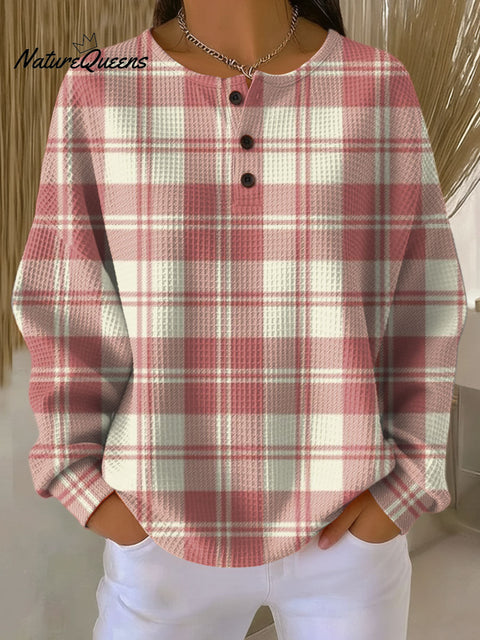 Women's Plaid Pattern Art Print Casual Cotton Waffle Sweatshirt