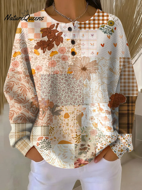Women's Floral Pattern Art Print Casual Cotton Waffle Sweatshirt