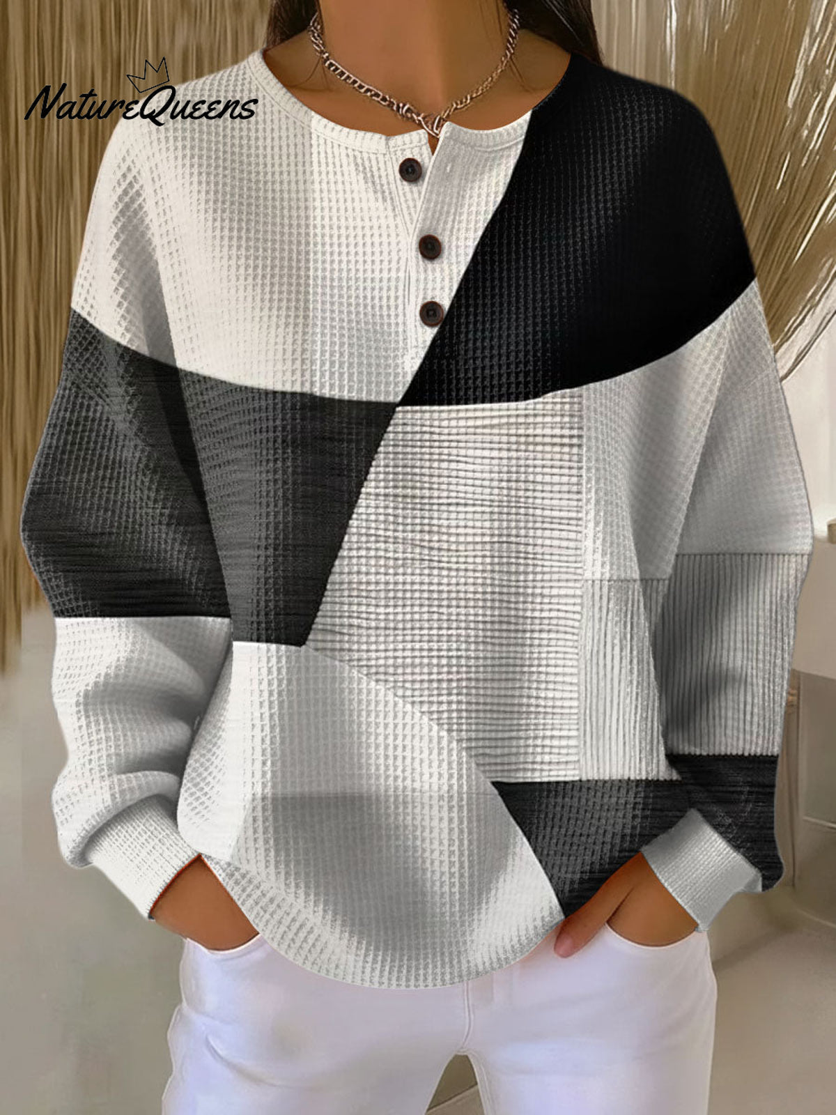 Women's Geometric Pattern Art Print Casual Cotton Waffle Sweatshirt