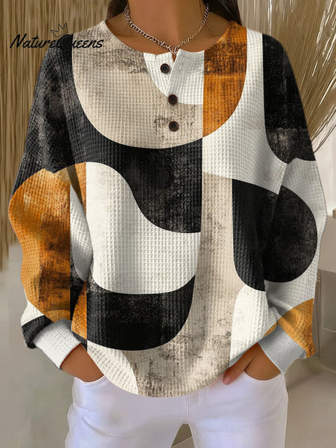 Women's Geometric Pattern Art Print Casual Cotton Waffle Sweatshirt