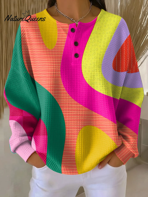 Women's Geometric Pattern Art Print Casual Cotton Waffle Sweatshirt