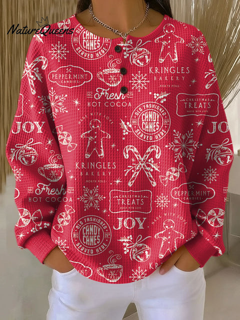 Women's Christmas Pattern Art Print Casual Cotton Waffle Sweatshirt