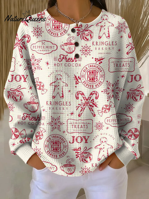 Women's Christmas Pattern Art Print Casual Cotton Waffle Sweatshirt