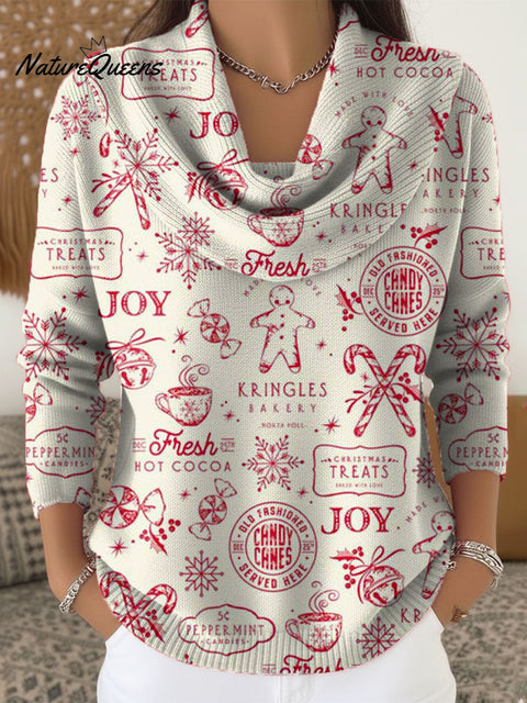 Women's Christmas Pattern Art Print Cowl Neck Sweater