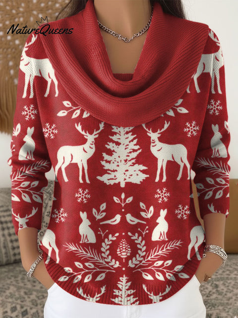 Women's Christmas Deer Pattern Art Print Cowl Neck Sweater
