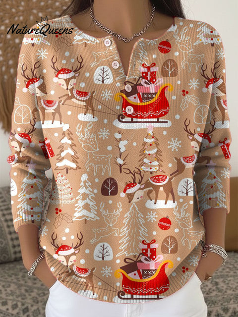 Women's Christmas Pattern Art Print Buttoned Cardigan Sweater