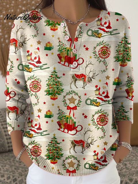 Women's Christmas Pattern Art Print Buttoned Cardigan Sweater