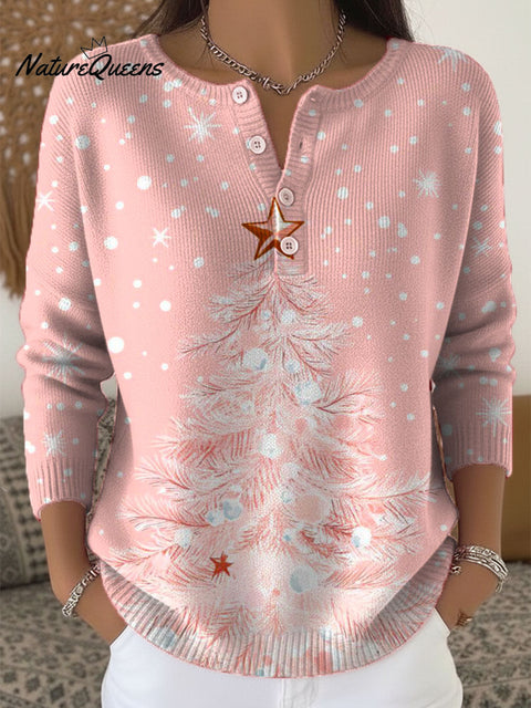 Women's Christmas Tree Pattern Art Print Buttoned Cardigan Sweater