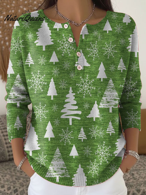 Women's Christmas Tree Pattern Art Print Buttoned Cardigan Sweater