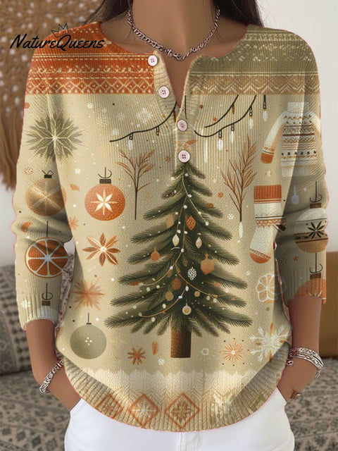 Women's Christmas Tree Pattern Art Print Buttoned Cardigan Sweater