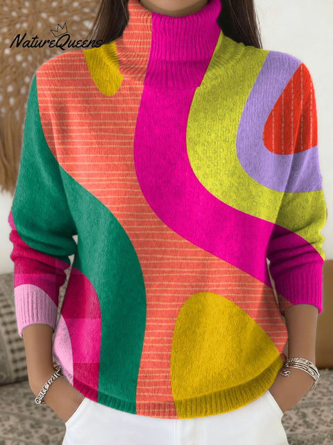 Women's Geometric Pattern Art Print Knit Turtleneck Pullover Sweater