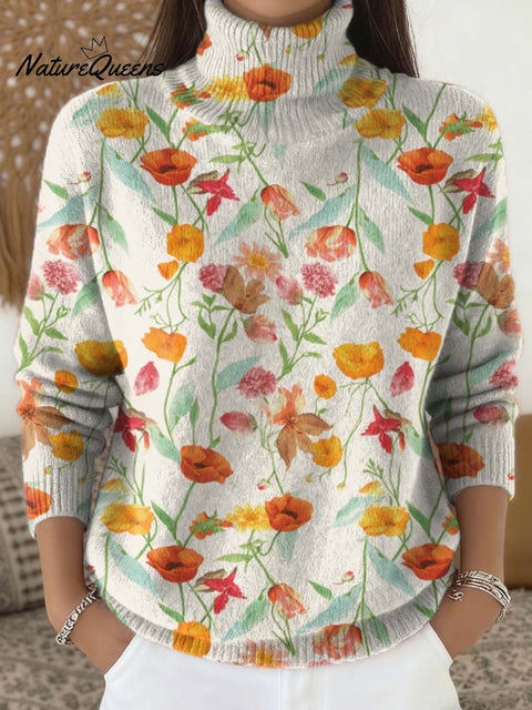 Women's Floral Pattern Art Print Knit Turtleneck Pullover Sweater
