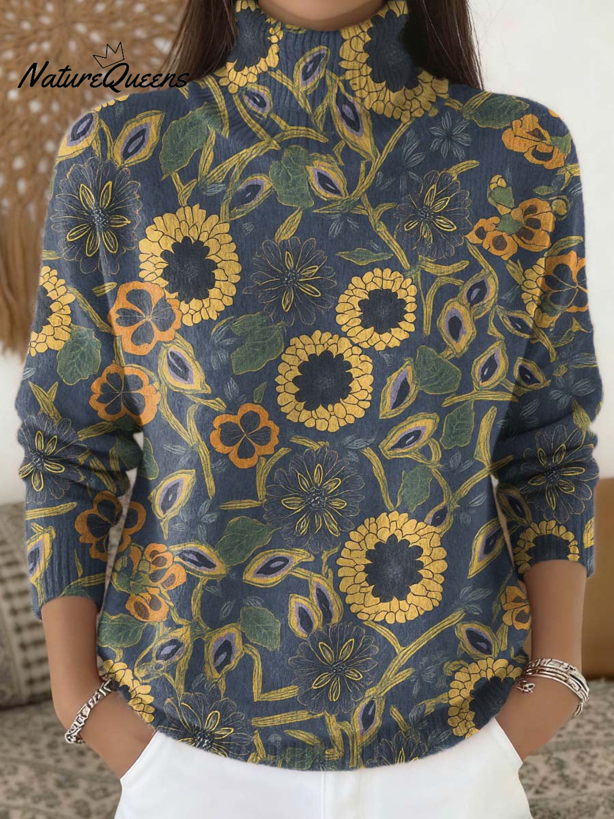 Women's Floral Pattern Art Print Knit Turtleneck Pullover Sweater