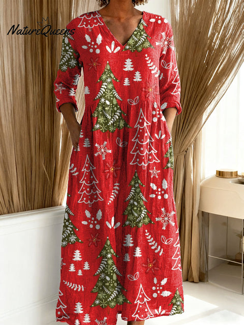 Women's Christmas Tree Art Print Casual Cotton Linen Pocket Dress