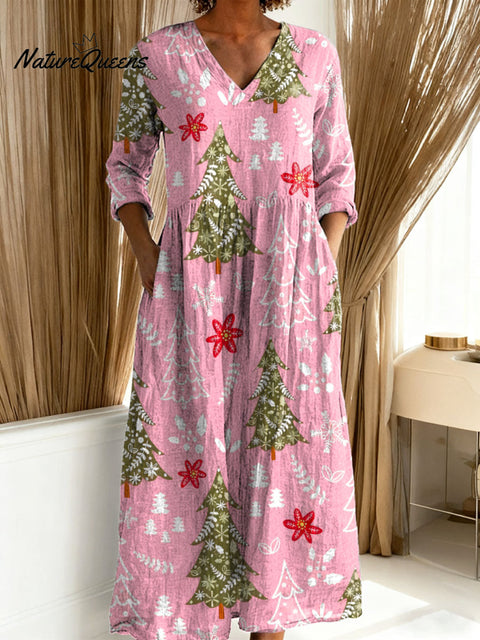 Women's Christmas Tree Art Print Casual Cotton Linen Pocket Dress