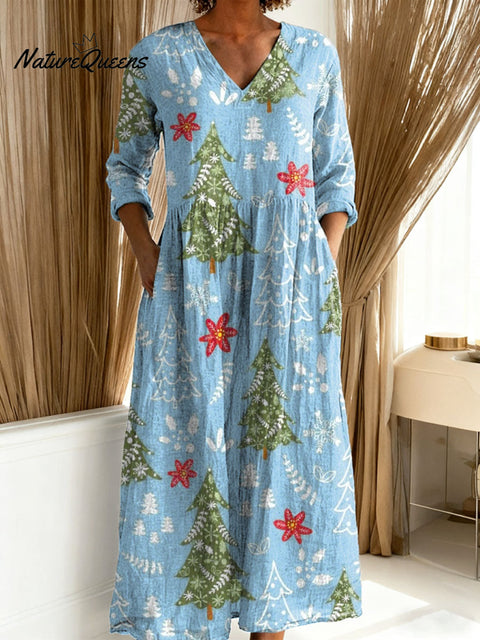 Women's Christmas Tree Art Print Casual Cotton Linen Pocket Dress