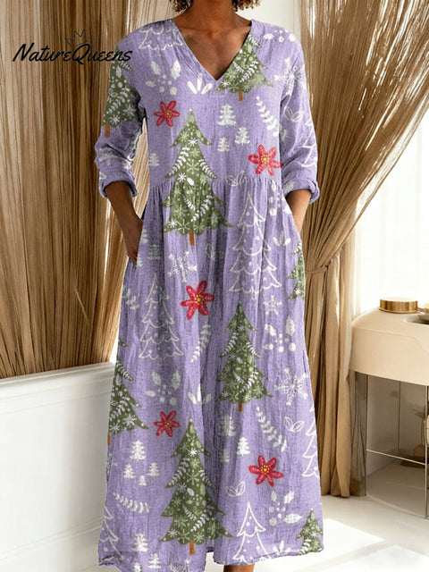 Women's Christmas Tree Art Print Casual Cotton Linen Pocket Dress
