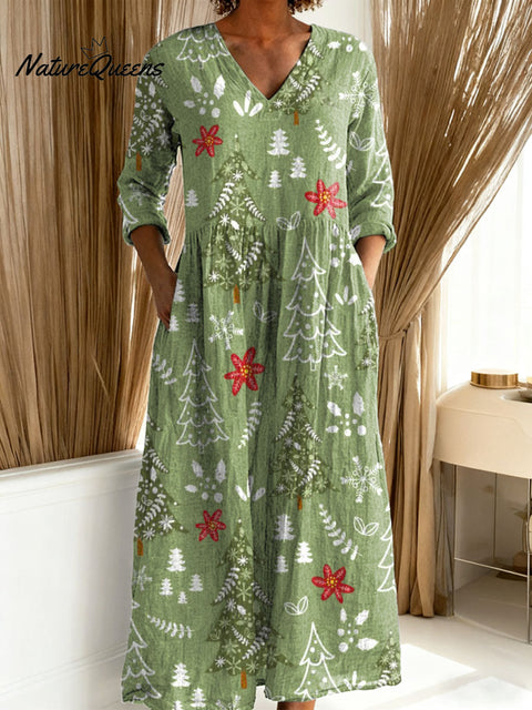Women's Christmas Tree Art Print Casual Cotton Linen Pocket Dress
