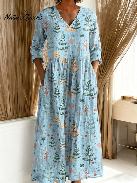 Women's Christmas Tree Art Print Casual Cotton Linen Pocket Dress