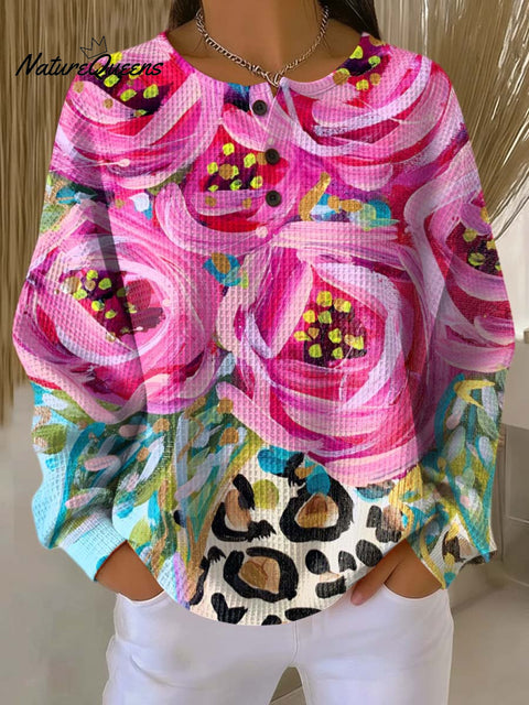 Women's Floral Painting Pattern Art Print Casual Cotton Waffle Sweatshirt