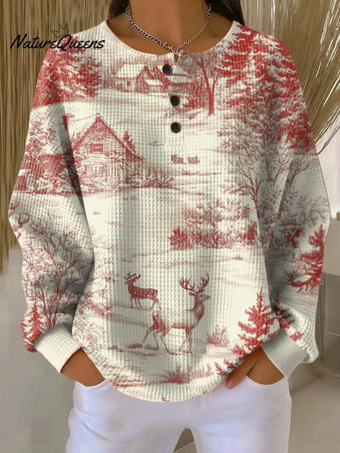 Women's Christmas Pattern Art Print Casual Cotton Waffle Sweatshirt