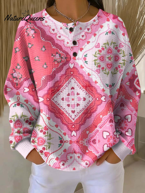 Women's Floral Pattern Art Print Casual Cotton Waffle Sweatshirt
