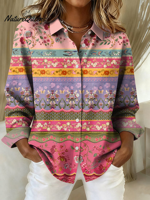 Women's Floral Pattern Art Print Casual Cotton Shirt
