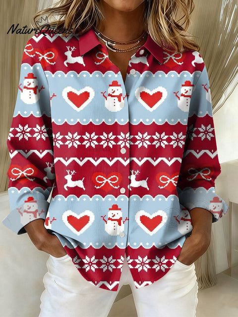 Women's Christmas Pattern Art Print Casual Cotton Shirt