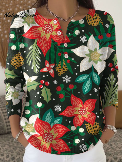 Women's Christmas Floral Art Print Buttoned Cardigan Sweater