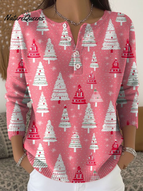Women's Christmas Tree Pattern Art Print Buttoned Cardigan Sweater