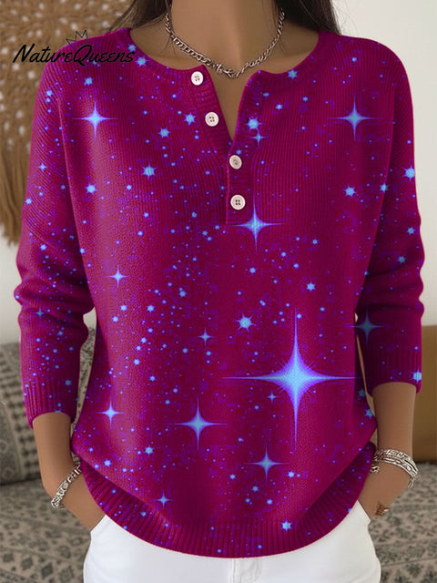 Women's Shiny Pattern Art Print Buttoned Cardigan Sweater