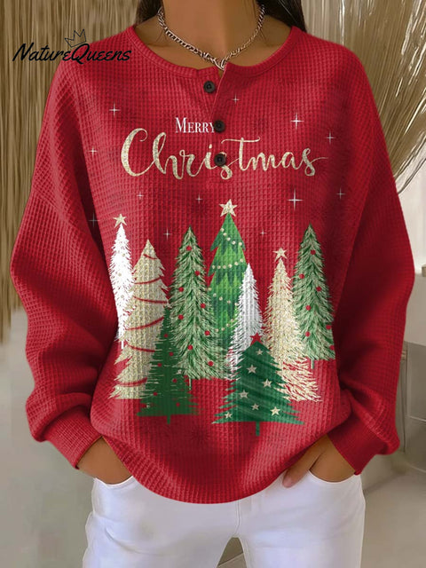 Women's Christmas Tree Pattern Art Print Casual Cotton Waffle Sweatshirt