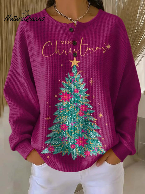 Women's Christmas Tree Pattern Art Print Casual Cotton Waffle Sweatshirt