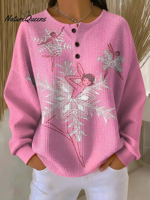 Women's Snowflake Pattern Art Print Casual Cotton Waffle Sweatshirt