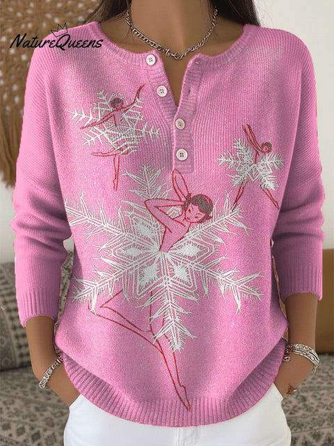 Women's Snowflake Pattern Art Print Buttoned Cardigan Sweater