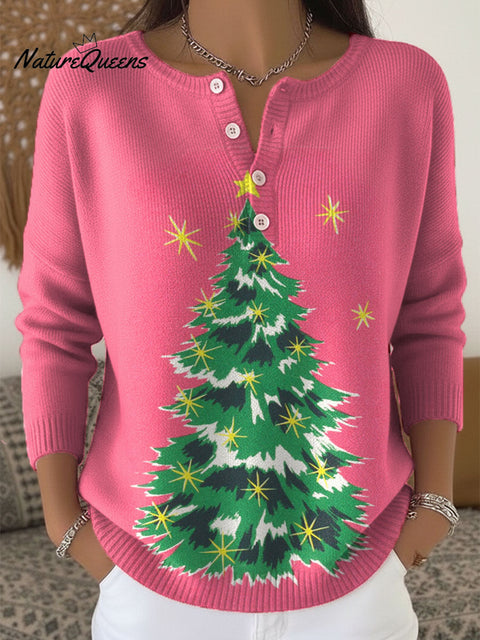 Women's Christmas Tree Pattern Art Print Buttoned Cardigan Sweater