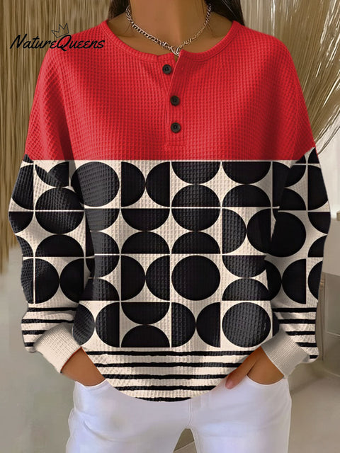 Women's Geometric Pattern Art Print Casual Cotton Waffle Sweatshirt