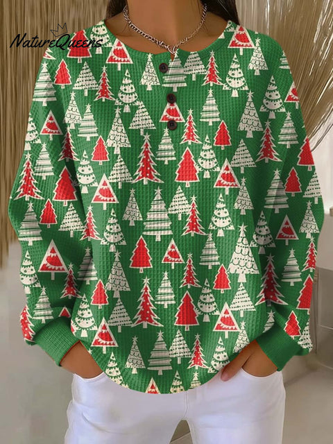 Women's Christmas Tree Pattern Art Print Casual Cotton Waffle Sweatshirt