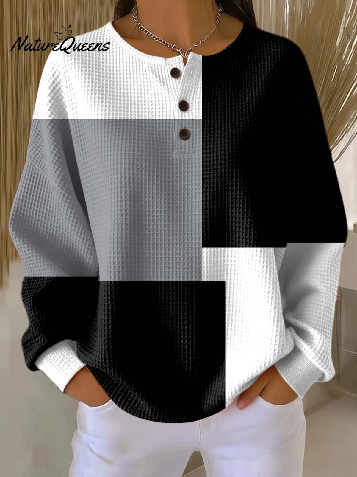 Women's Geometric Pattern Art Print Casual Cotton Waffle Sweatshirt