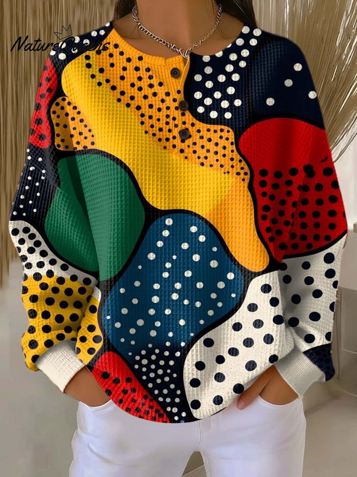 Women's Abstract Pattern Art Print Casual Cotton Waffle Sweatshirt