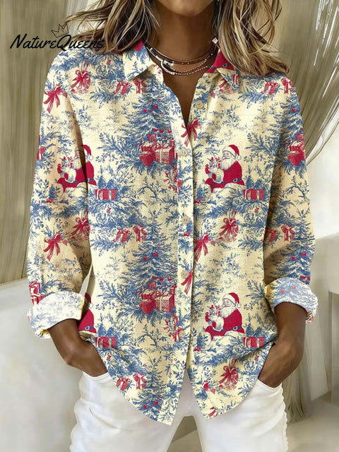 Women's Christmas Santa Pattern Art Print Casual Cotton Shirt
