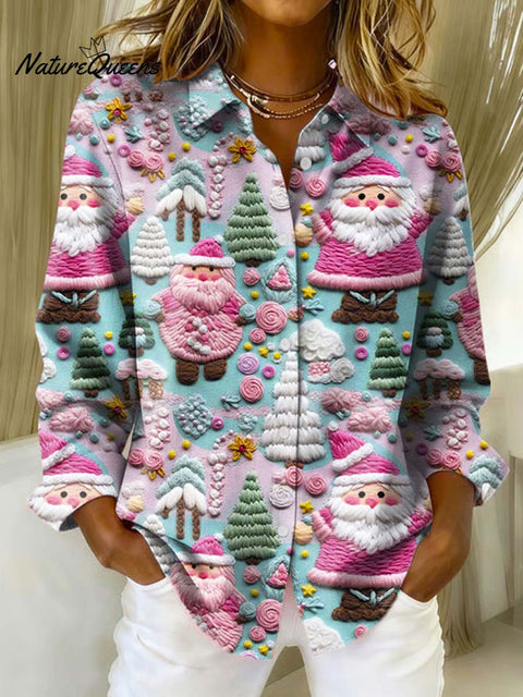 Women's Christmas Santa Pattern Art Print Casual Cotton Shirt