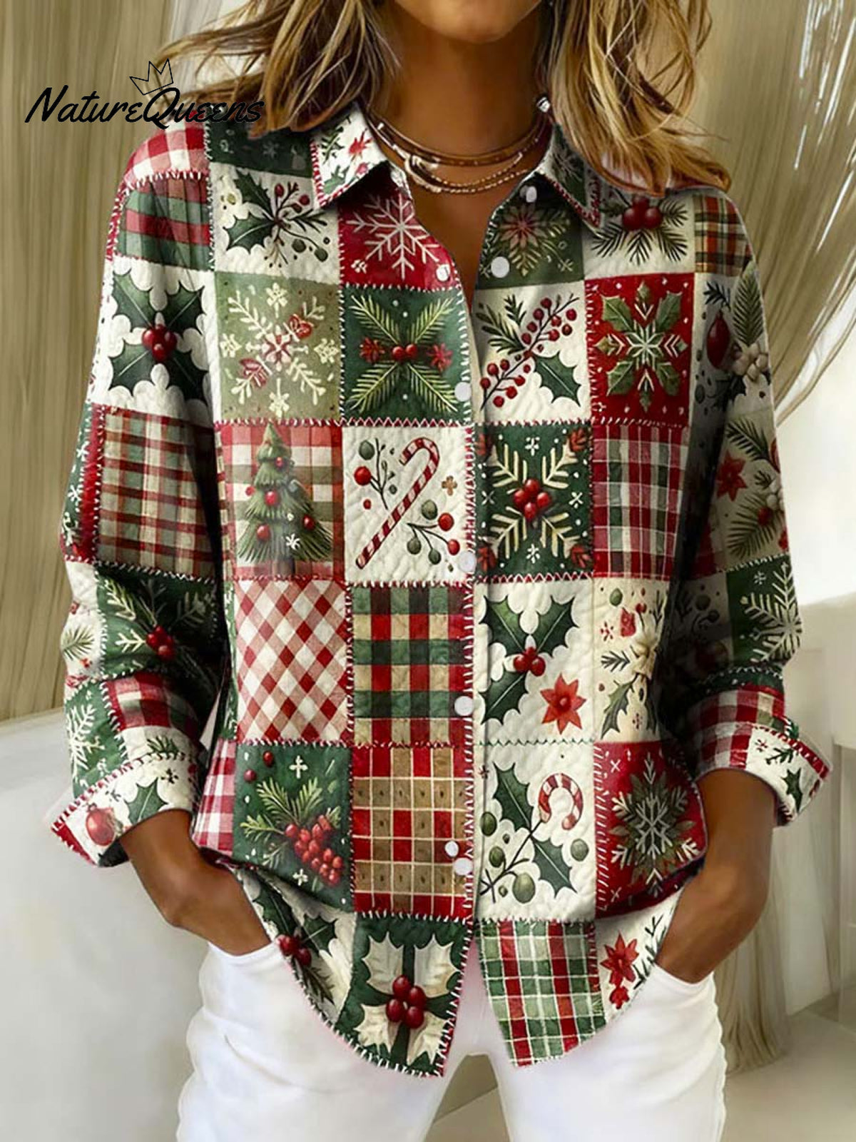 Women's Christmas Pattern Art Print Casual Cotton Shirt