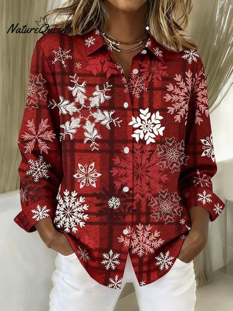 Women's Snowflake Pattern Art Print Casual Cotton Shirt