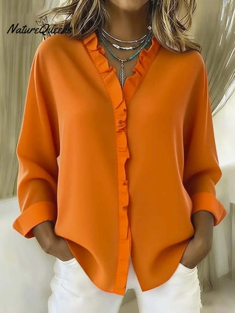 Women's Solid Color Casual Cotton And Linen Ruffle Shirt