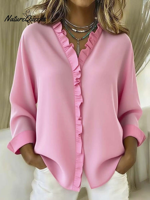 Women's Solid Color Casual Cotton And Linen Ruffle Shirt