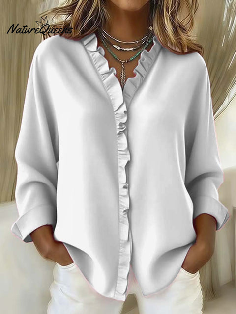 Women's Solid Color Casual Cotton And Linen Ruffle Shirt