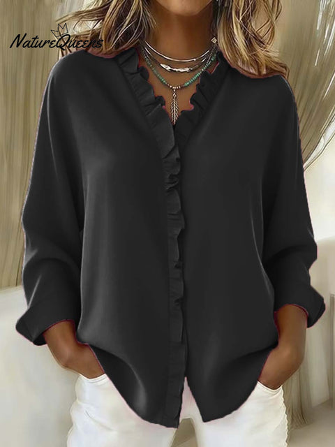 Women's Solid Color Casual Cotton And Linen Ruffle Shirt