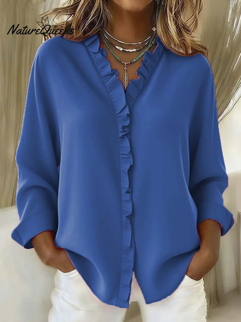 Women's Solid Color Casual Cotton And Linen Ruffle Shirt