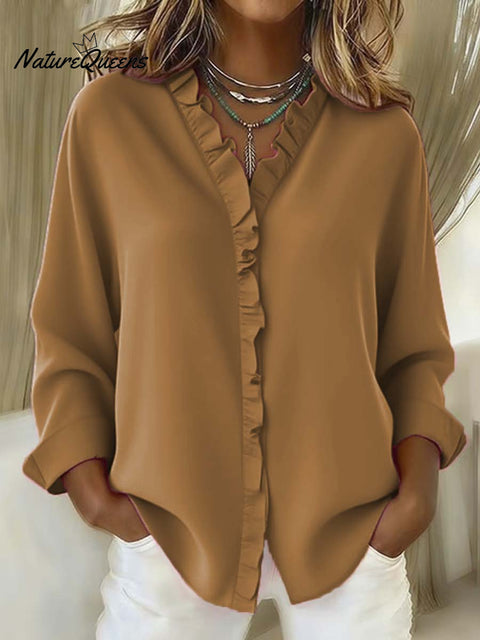 Women's Solid Color Casual Cotton And Linen Ruffle Shirt